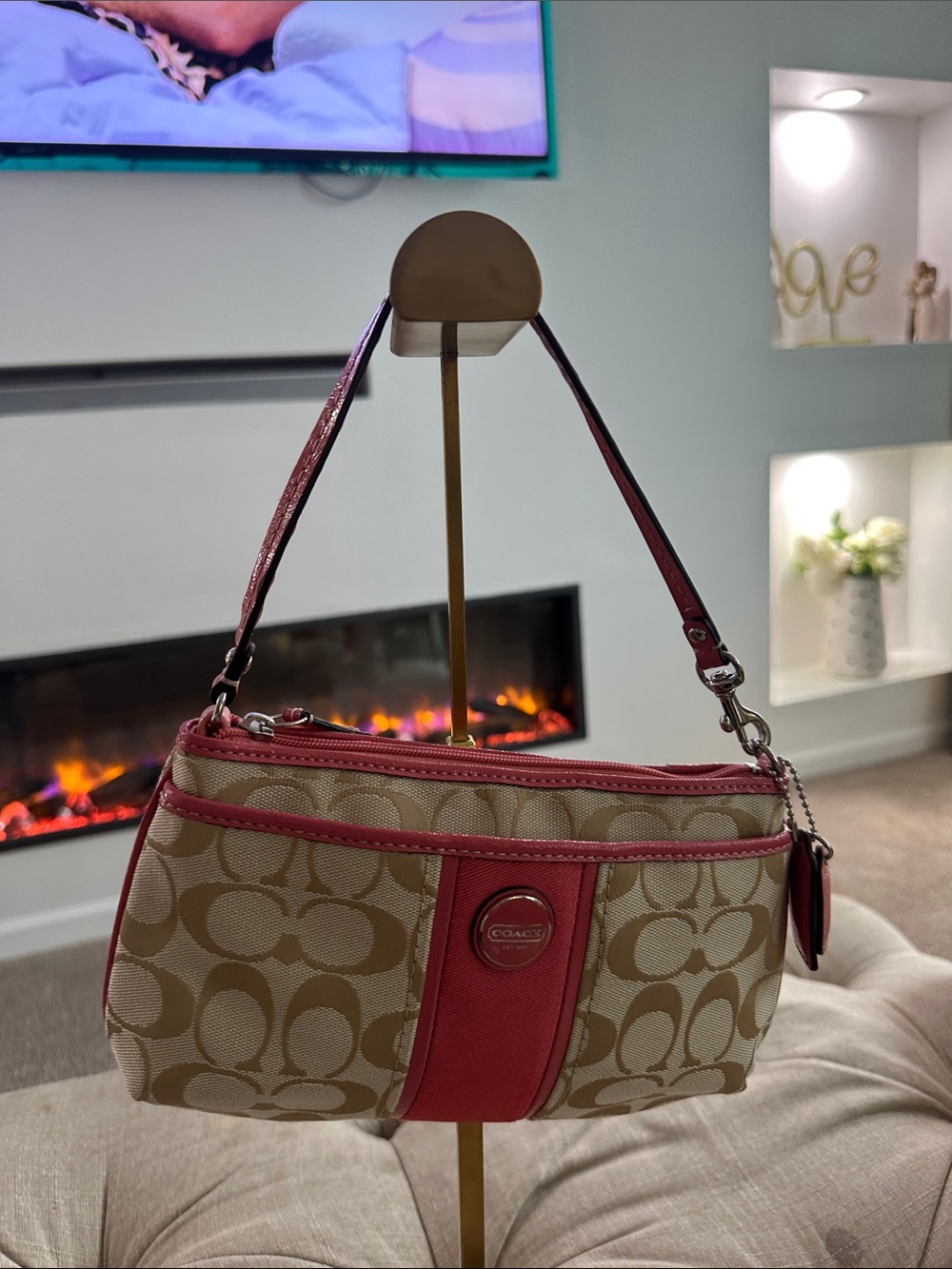 Coach Signature Canvas Shoulder Bag with pink Trim
